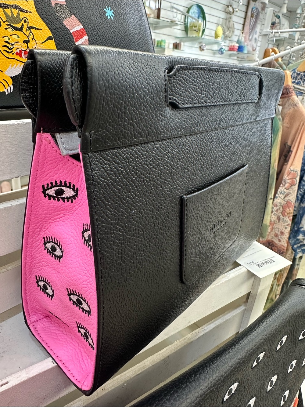 Min & Mon Vali Crossbody Small Black Bag with Pink Eye-Print Side Panels